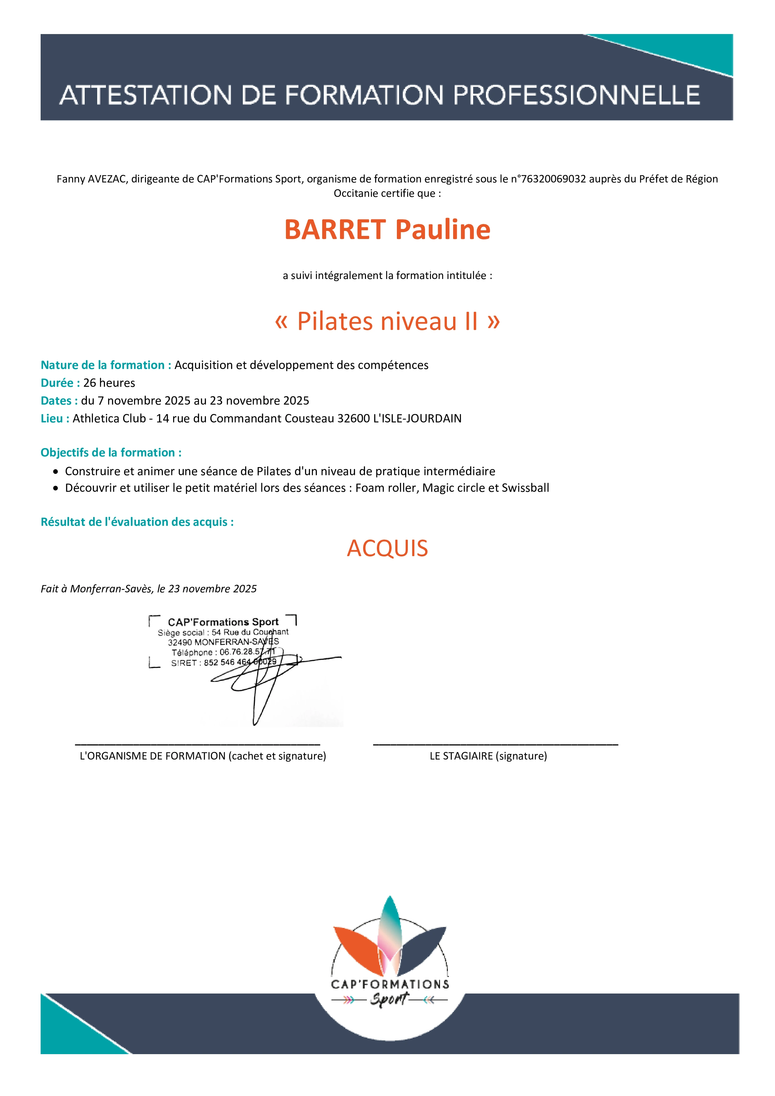 Formation Pilates Niveau 2 - Elan Sport Nature